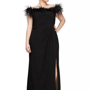 NEW ALEX EVENINGS  Long Off-the-Shoulder Gown with Maribou Detail Neckline